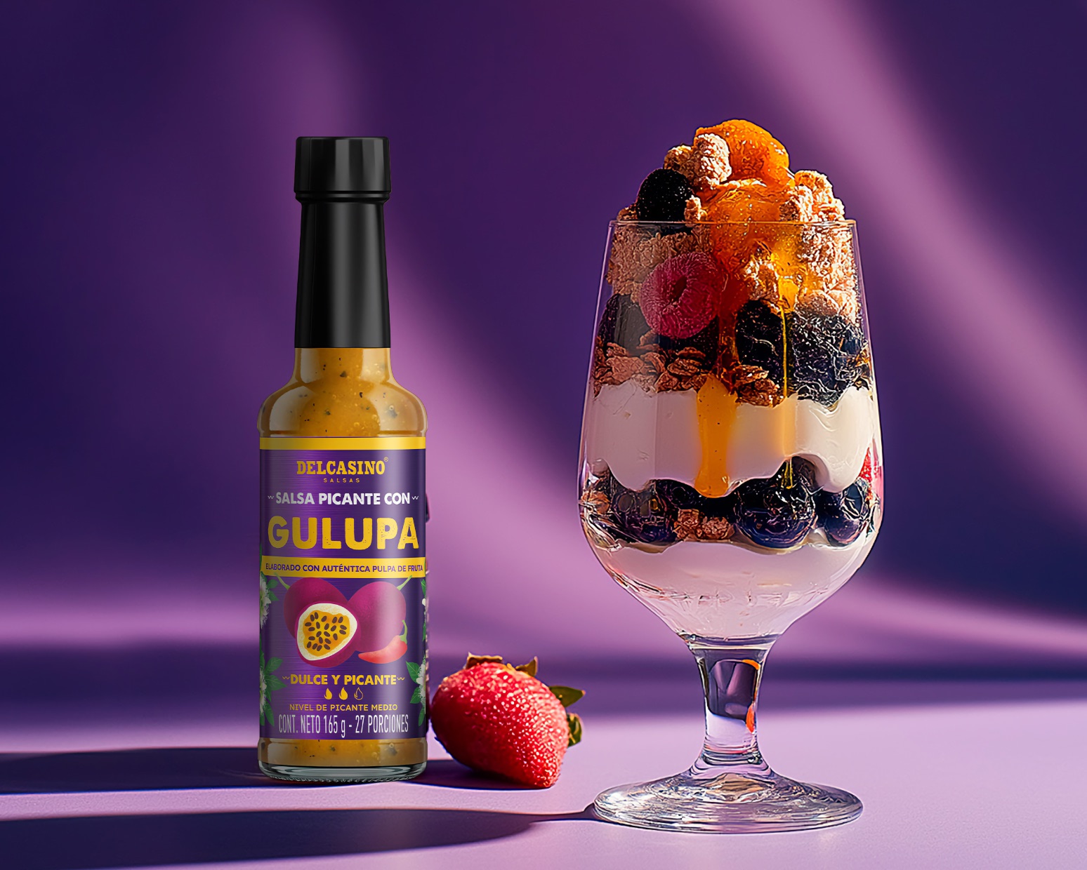 Yogurt cremoso con frutas con salsa picante de gulupa